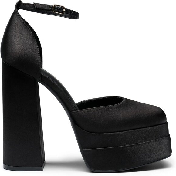 Dream Pairs Women Black-satin Faux Leather Closed Toe Chunky High Heels Platform - Picture 2 of 9